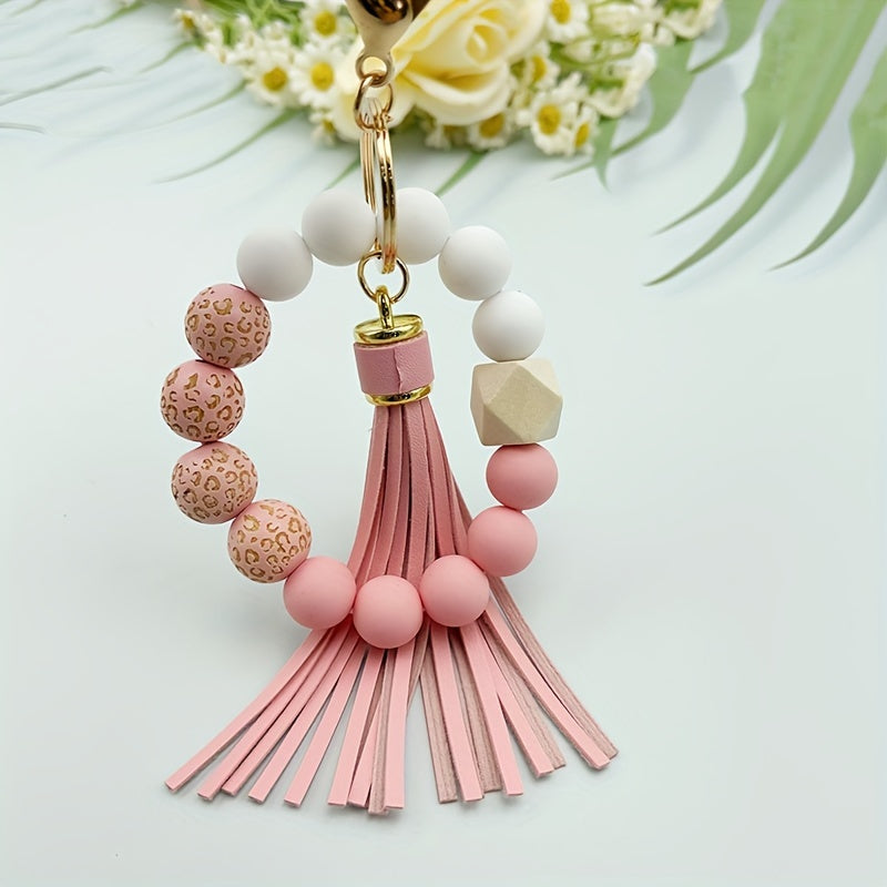 Leopard Silicone Beaded Bracelet Wristlet Keychain Fashion Bangle Key Chain Bag Charm Phone Lanyard Earbud Case Cover Accessories Women Female Gift