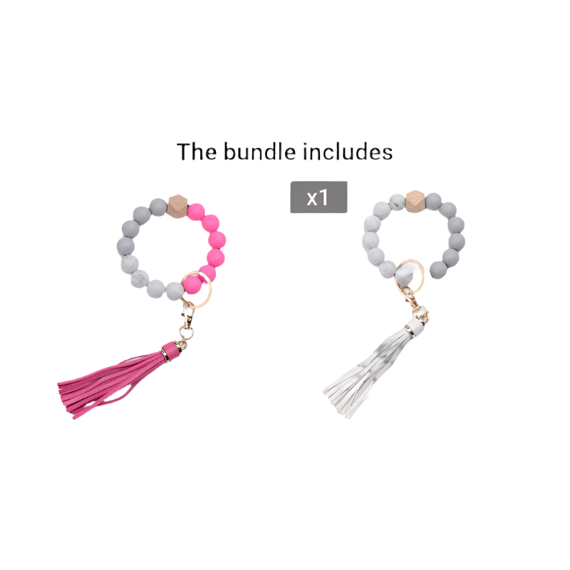 Hemasa   Silicone Bead Keychains With Tassel Charm, Stretchable Colorful Beaded Wristband Key Ring, Universal Fashion Accessory