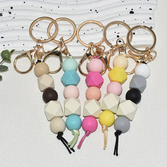 Silicone Bead Keychain for Women, Alloy Lobster Clasp Keyring, Chic Geometric Beaded Charm for Bags & Gifts, Festive Birthday Theme Single Keychain Decor Accessory - Professional Style