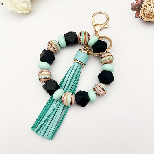 1 Pc Beaded Keychain With Tassel, Striped Leopard Silicone & Octagon Abacus Beads, Keyring Accessory For Handbags, Car Keys, Fashionable Accessory For Friends