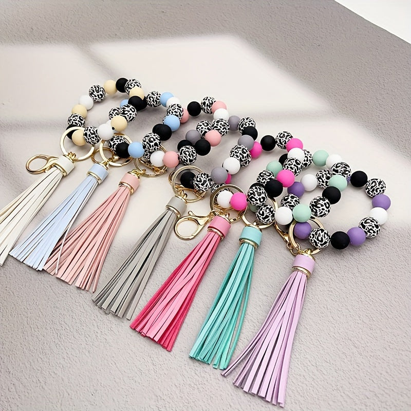 Leopard Silicone Wooden Beaded Wristlet Keychain With PU Leather Tassel Fashion Bangle Keychain Bag Charm Phone Lanyard Mother's Day Women Gift