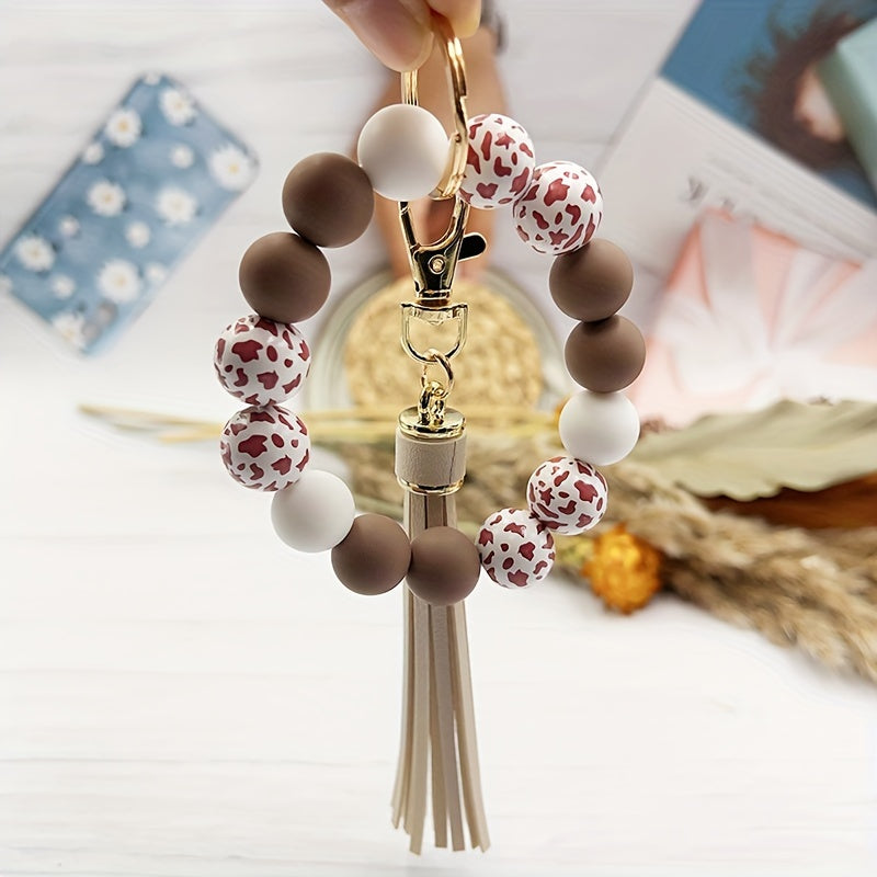 Cow Pattern Silicone Wooden Beaded Wristlet Keychain With PU Leather Tassel Wester Fashion Bangle Keychain Bag Charm Phone Lanyard Mother's Day Gift