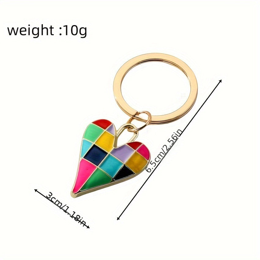 1pc Checkered Heart Shaped Keychain Colorful Alloy Key Chain Ring Bag Backpack Charm Car Key Pendant Gift