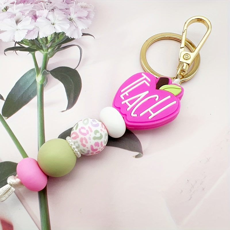 1pc Silicone Bead Keychain With Leopard Print & Pink Apple "TEACH", Cute Fresh Colorful Key Ring, Anti-Lost Bag & Car Key Charm, Perfect For Female Teachers