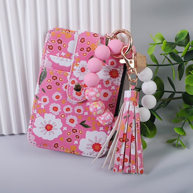 Chic Floral Print Faux Leather Wallet with Beaded Wristlet & Tassel Keychain - Silicone Bracelet Card Holder, Perfect Gift for Women