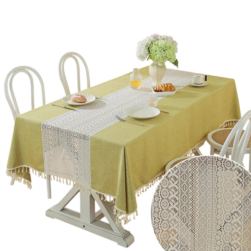 Tejesa Polyester and linen, with a simple and elegant style. Hollow out and spliced rectangular shape Table Cloth