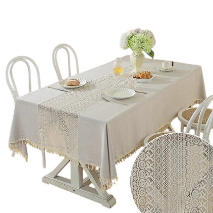 Tejesa Polyester and linen, with a simple and elegant style. Hollow out and spliced rectangular shape Table Cloth