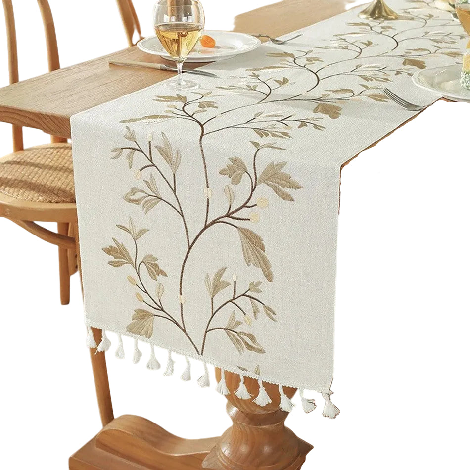 Tejesa Embroidery Tassel Table Runner,Cotton Linen Thicken Fabric ,Kitchen Dining Room coffee Table Restaurant Decor Supplies