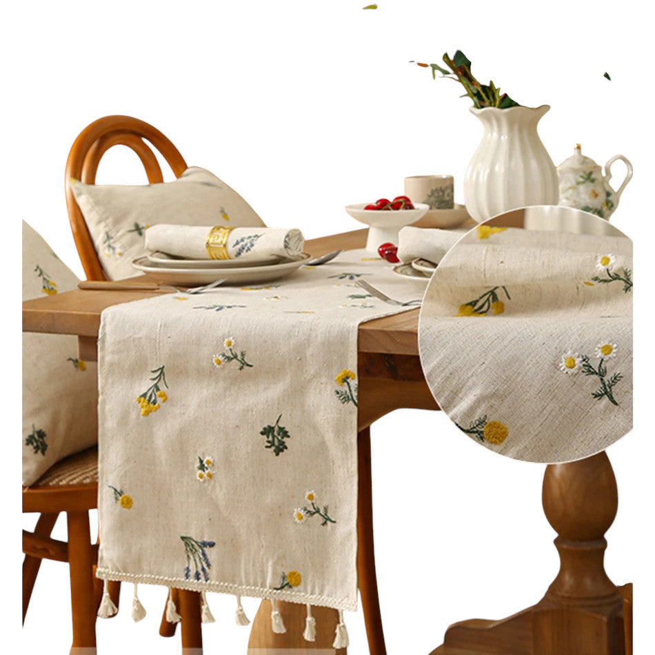 Tejesa Embroidery Tassel Table Runner,Cotton Linen Thicken Fabric ,Kitchen Dining Room coffee Table Restaurant Decor Supplies