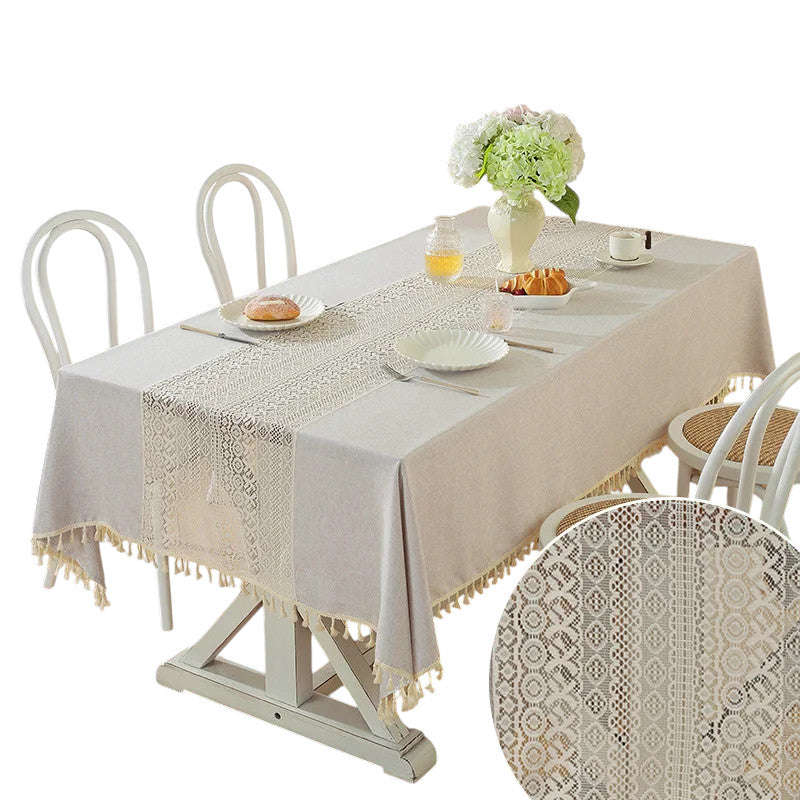 Tejesa Polyester and linen, with a simple and elegant style. Hollow out and spliced rectangular shape Table Cloth
