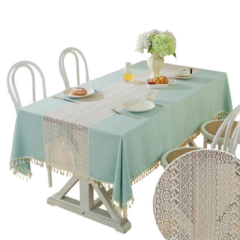 Tejesa Polyester and linen, with a simple and elegant style. Hollow out and spliced rectangular shape Table Cloth