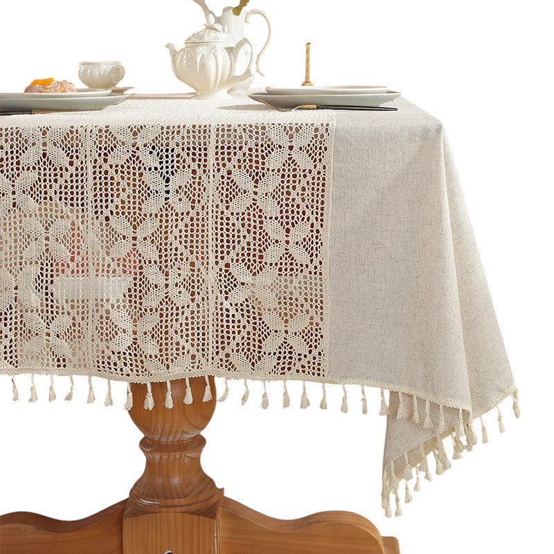 Tejesa Polyester and linen, with a simple and elegant style. Hollow out and spliced rectangular shape Table Cloth
